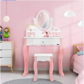 Kids Vanity Set, Princess MDF Makeup Dressing Table with 360° Rotating Mirror and Drawers for Girls,