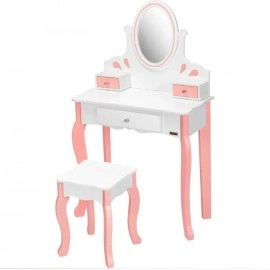 Kids Vanity Set, Princess MDF Makeup Dressing Table with 360° Rotating Mirror and Drawers for Girls,