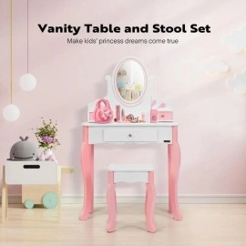 Kids Vanity Set, Princess MDF Makeup Dressing Table with 360° Rotating Mirror and Drawers for Girls,